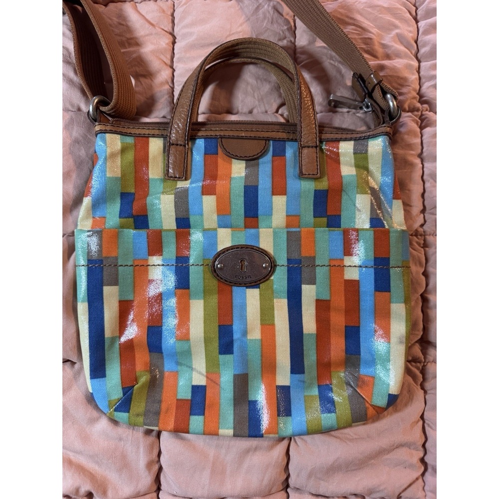 Fossil Crossbody Bag Calypso Key-Per Purse Multi Color Block Coated Canvas Brown
